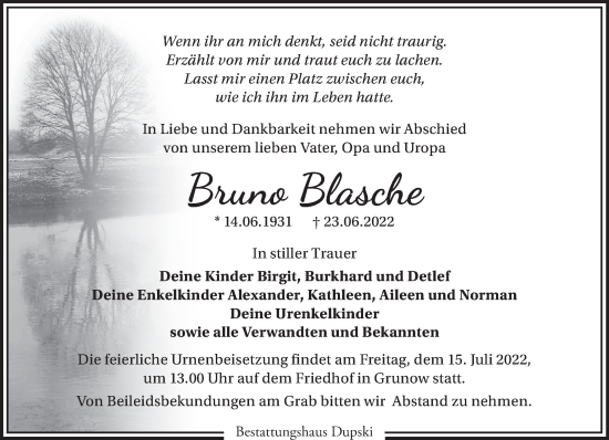 Traueranzeige von Bruno Blasche von Märkische Oderzeitung