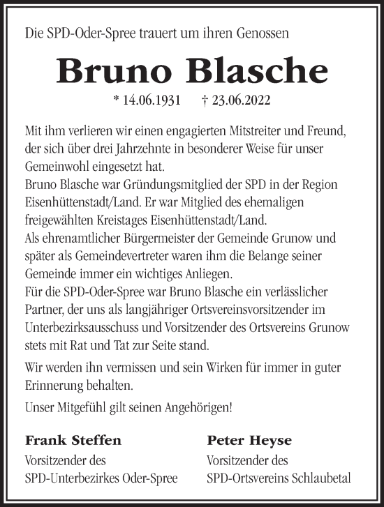 Traueranzeige von Bruno Blasche von Märkische Oderzeitung