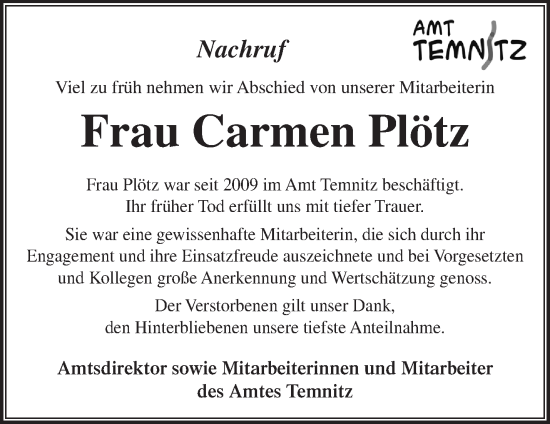 Traueranzeige von Carmen Plötz von Märkische Oderzeitung