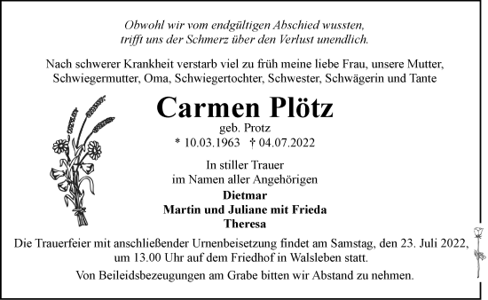 Traueranzeige von Carmen Plötz von Märkische Oderzeitung