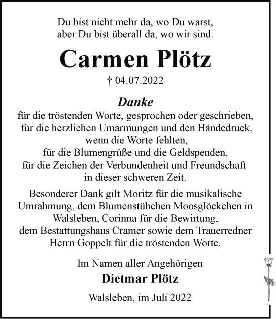 Traueranzeige von Carmen Plötz von Märkische Oderzeitung