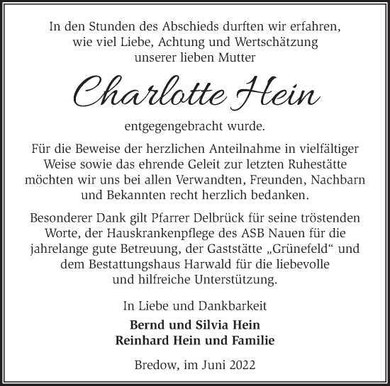 Traueranzeige von Charlotte Hein von Märkische Oderzeitung