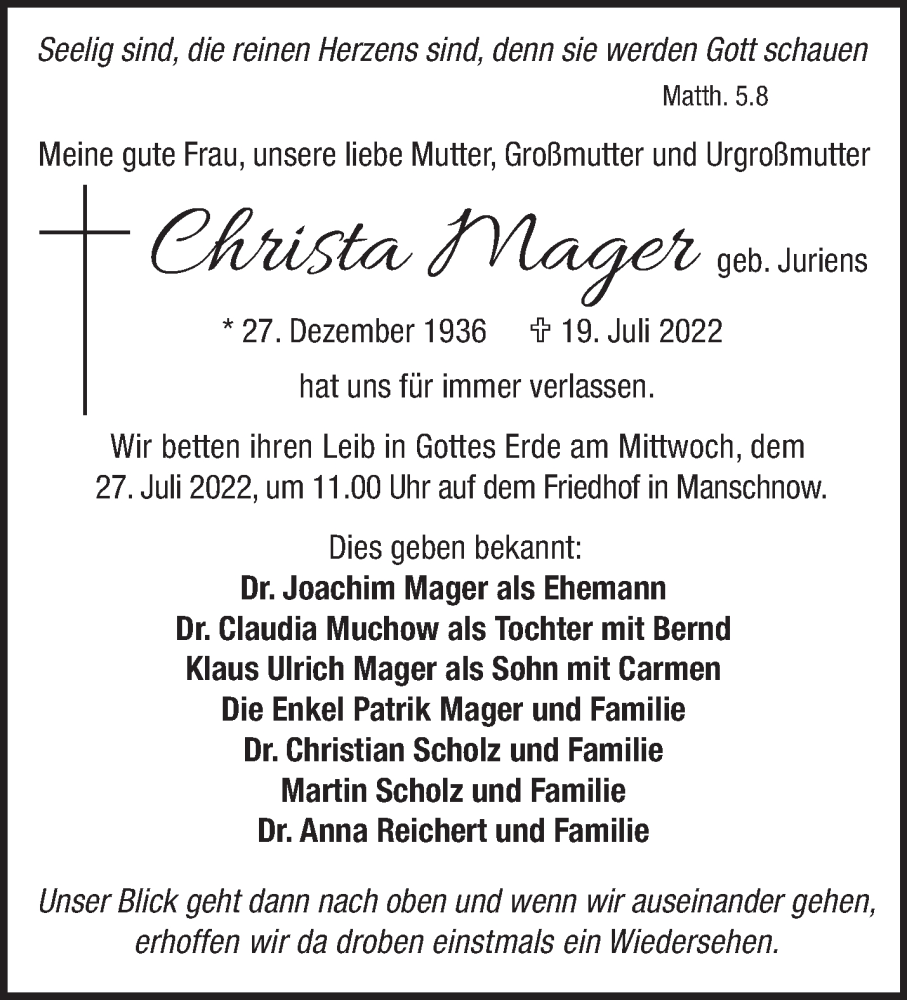 Traueranzeigen Von Christa Mager Märkische Onlinezeitung Trauerportal 