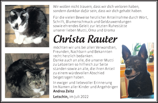 Traueranzeige von Christa Rauter von Märkische Oderzeitung