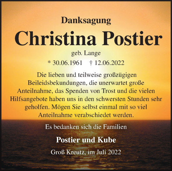 Traueranzeige von Christina Postier von Märkische Oderzeitung