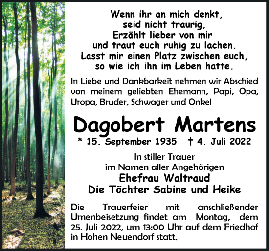 Traueranzeige von Dagobert Martens von Märkische Oderzeitung