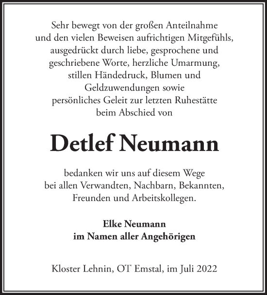 Traueranzeige von Detlef Neumann von Märkische Oderzeitung