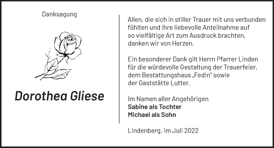 Traueranzeige von Dorothea Gliese von Märkische Oderzeitung