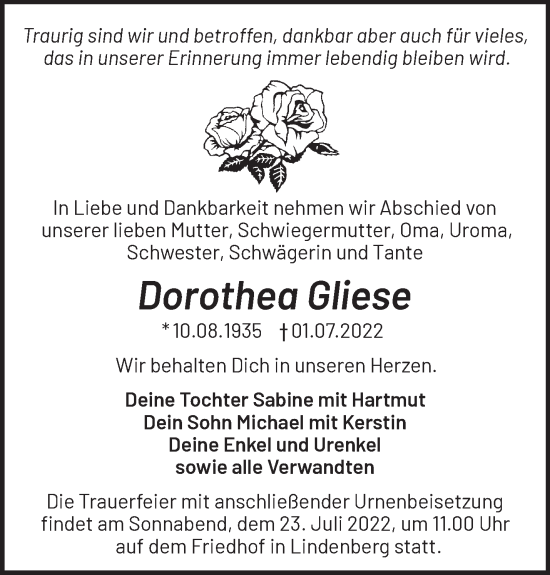 Traueranzeige von Dorothea Gliese von Märkische Oderzeitung