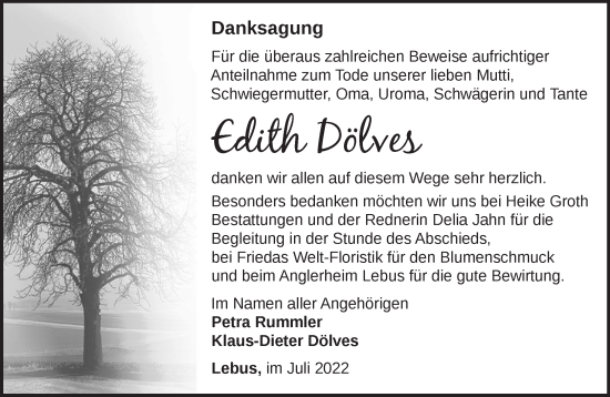 Traueranzeige von Edith Dölves von Märkische Oderzeitung