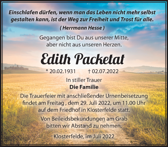 Traueranzeige von Edith Packetat von Märkische Oderzeitung