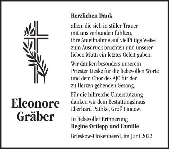 Traueranzeige von Eleonore Gräber von Märkische Oderzeitung