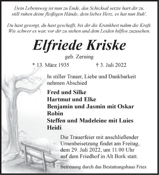 Traueranzeige von Elfriede Kriske von Märkische Oderzeitung