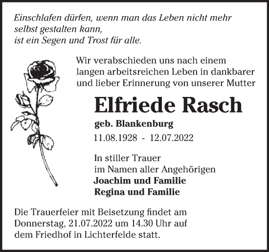 Traueranzeige von Elfriede Rasch von Märkische Oderzeitung