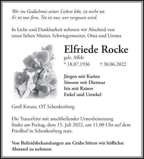 Traueranzeige von Elfriede Rocke von Märkische Oderzeitung