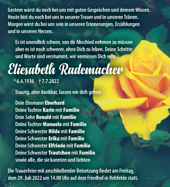 Traueranzeige von Eliesabeth Rademacher von Märkische Oderzeitung