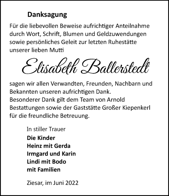 Traueranzeige von Elisabeth Ballerstedt von Märkische Oderzeitung