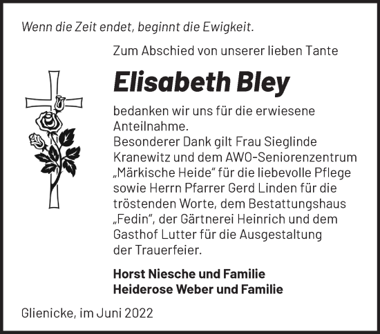 Traueranzeige von Elisabeth Bley von Märkische Oderzeitung