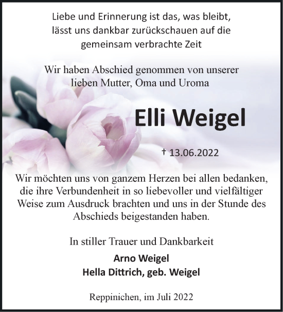 Traueranzeige von Elli Weigel von Märkische Oderzeitung