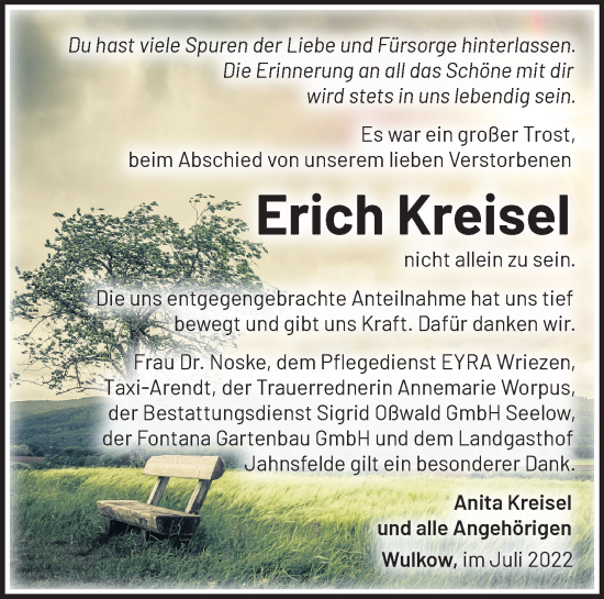 Traueranzeige von Erich Kreisel von Märkische Oderzeitung