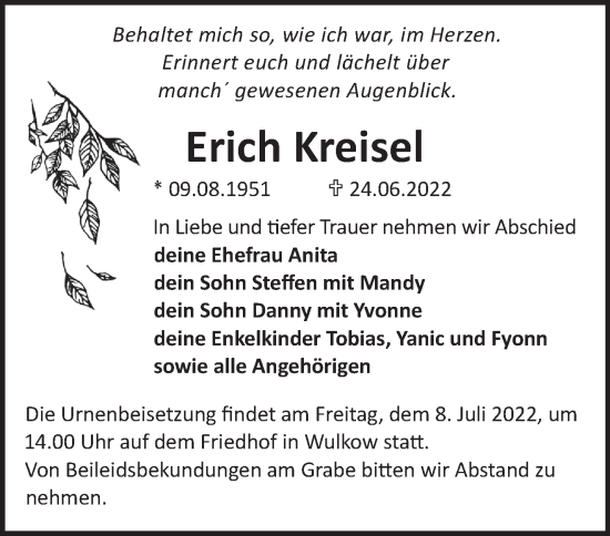 Traueranzeige von Erich Kreisel von Märkische Oderzeitung