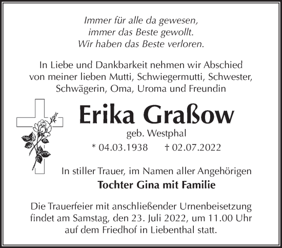 Traueranzeige von Erika Graßow von Märkische Oderzeitung