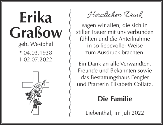 Traueranzeige von Erika Graßow von Märkische Oderzeitung