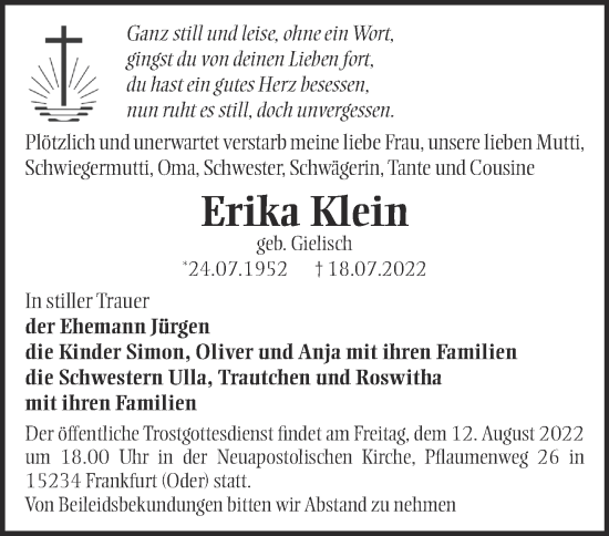 Traueranzeige von Erika Klein von Märkische Oderzeitung