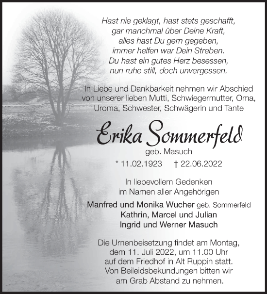 Traueranzeige von Erika Sommerfeld von Märkische Oderzeitung