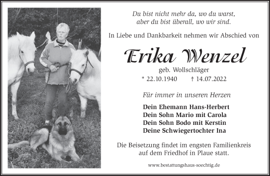 Traueranzeige von Erika Wenzel von Märkische Oderzeitung