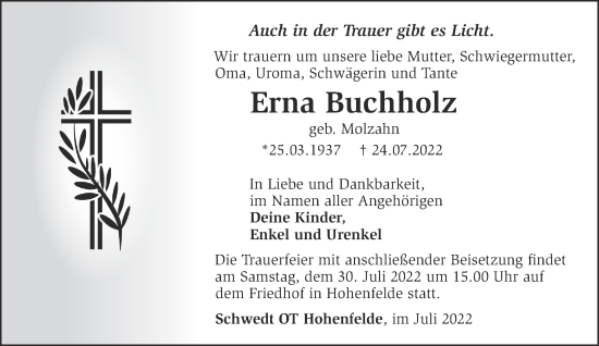 Traueranzeige von Erna Buchholz von Märkische Oderzeitung