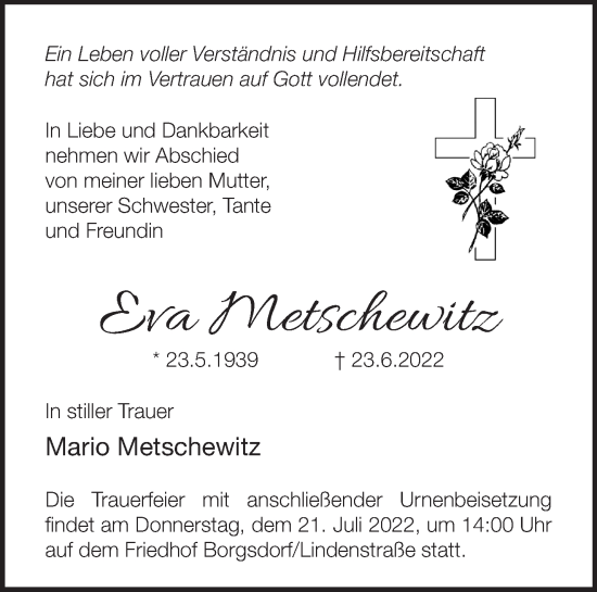 Traueranzeige von Eva Metschewitz von Märkische Oderzeitung