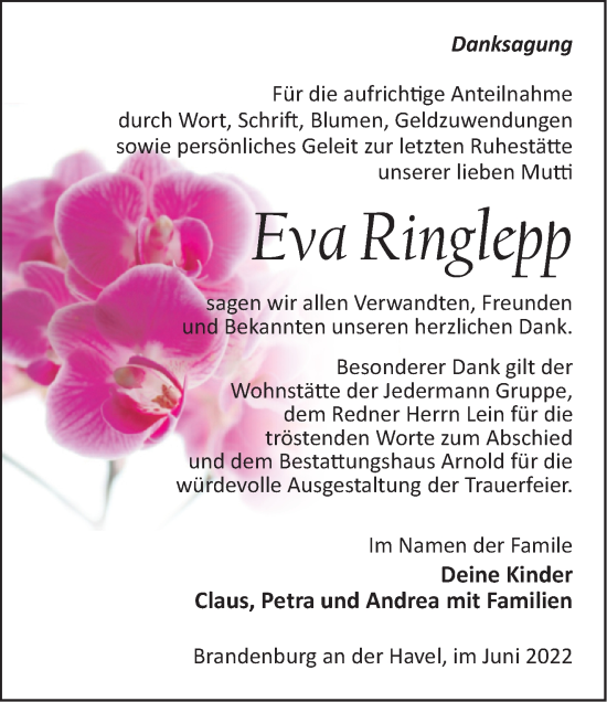 Traueranzeige von Eva Ringlepp von Märkische Oderzeitung