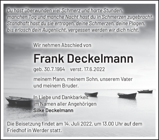 Traueranzeige von Frank Deckelmann von Märkische Oderzeitung