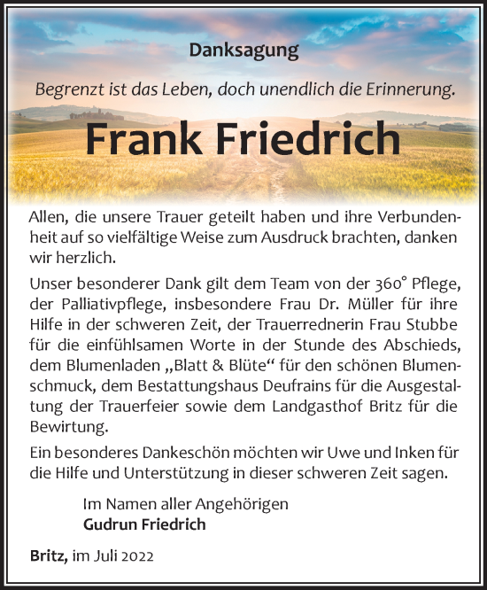 Traueranzeige von Frank Friedrich von Märkische Oderzeitung