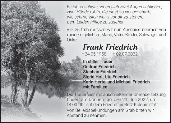 Traueranzeige von Frank Friedrich von Märkische Oderzeitung