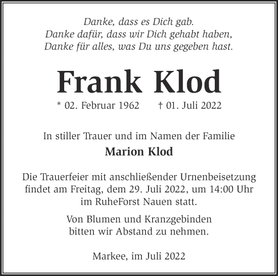 Traueranzeige von Frank Klod von Märkische Oderzeitung