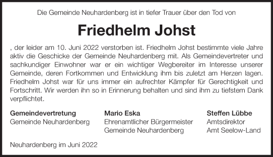 Traueranzeige von Friedhelm Johst von Märkische Oderzeitung