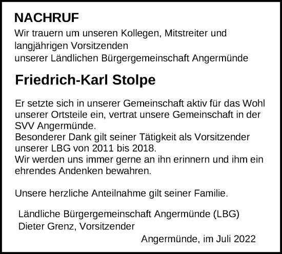 Traueranzeige von Friedrich-Karl Stolpe von Märkische Oderzeitung