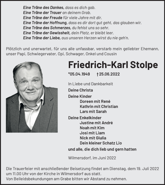 Traueranzeige von Friedrich-Karl Stolpe von Märkische Oderzeitung