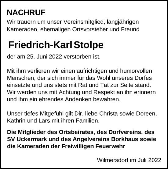 Traueranzeige von Friedrich-Karl Stolpe von Märkische Oderzeitung