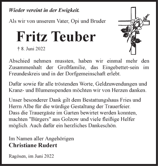 Traueranzeige von Fritz Teuber von Märkische Oderzeitung