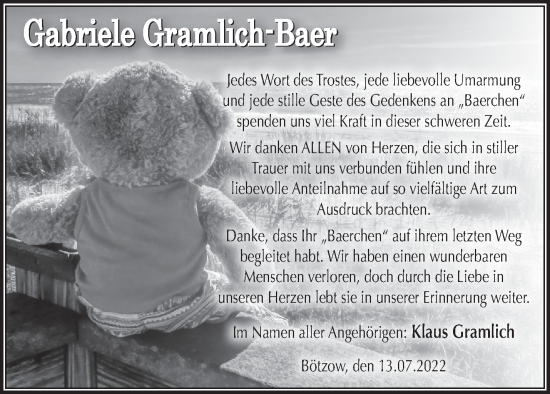 Traueranzeige von Gabriele Gramlich-Baer von Märkische Oderzeitung