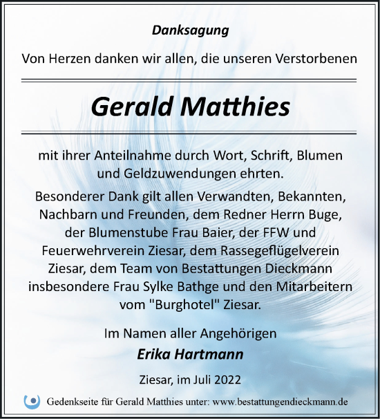 Traueranzeige von Gerald Matthies von Märkische Oderzeitung