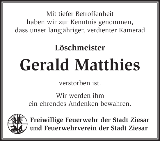 Traueranzeige von Gerald Matthies von Märkische Oderzeitung