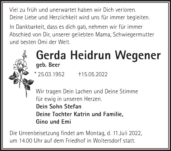 Traueranzeige von Gerda Heidrun Wegener von Märkische Oderzeitung