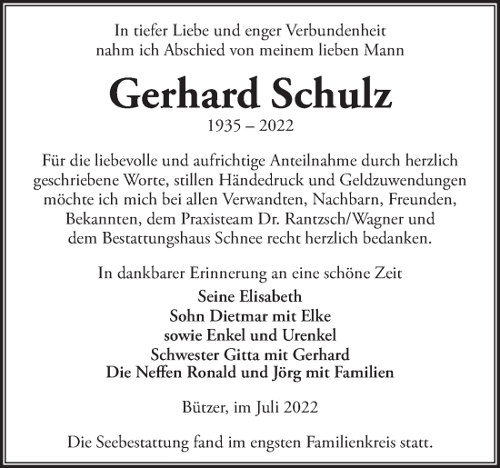 Traueranzeige von Gerhard Schulz von Märkische Oderzeitung