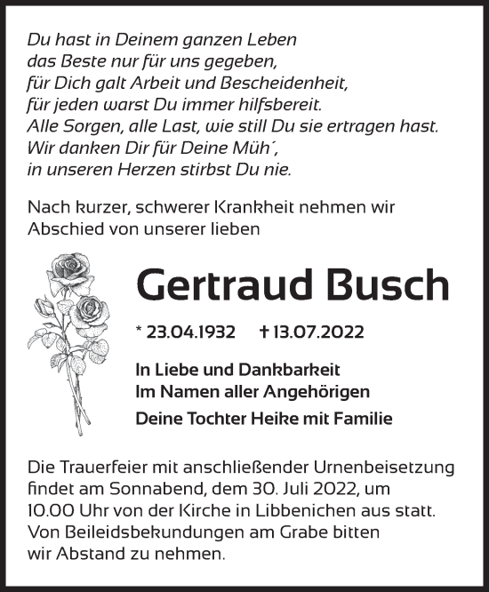 Traueranzeige von Gertraud Busch von Märkische Oderzeitung