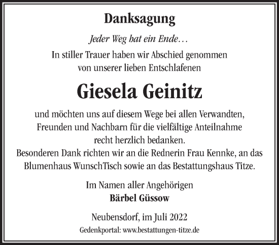 Traueranzeige von Giesela Geinitz von Märkische Oderzeitung