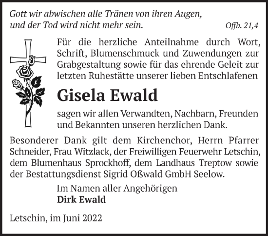 Traueranzeige von Gisela Ewald von Märkische Oderzeitung